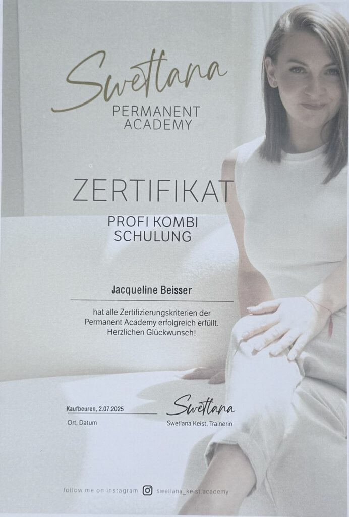 Zertifikat von Jacqueline Beisser zur Permanentmake-Up Artistin