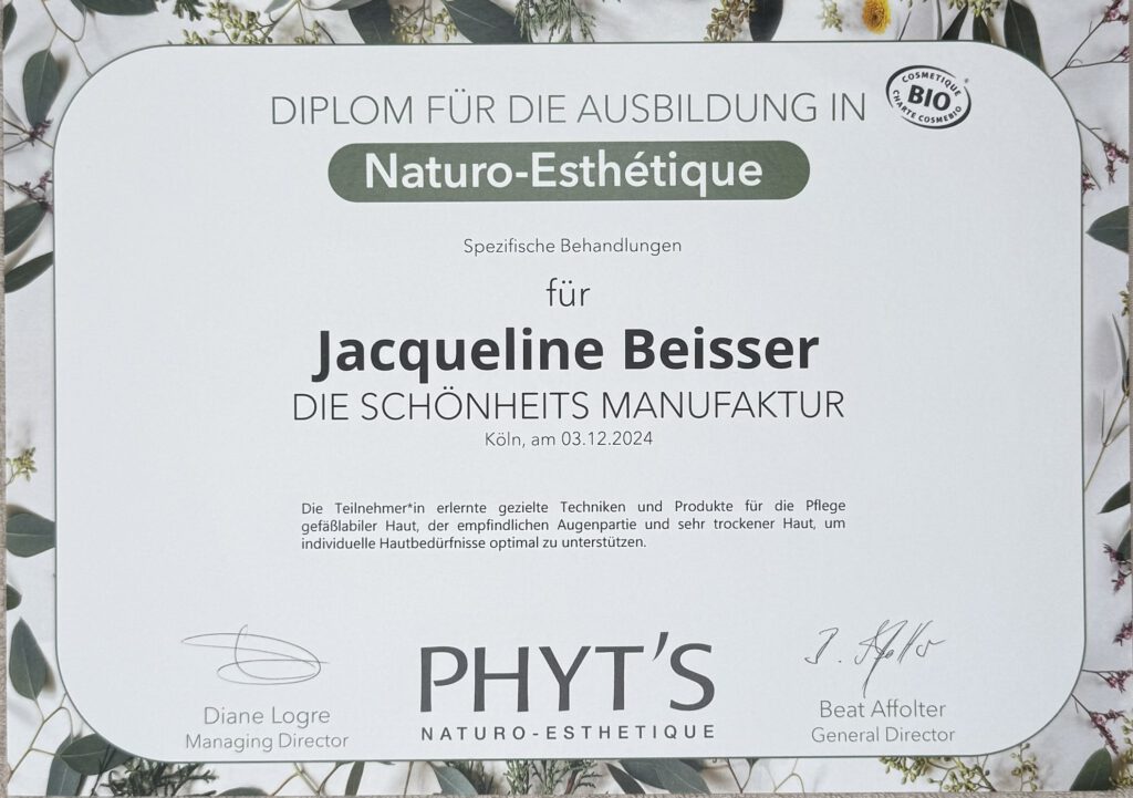 Zertifikat für Spezifische Behandlungen wie Rosazea, Pigmentflecken und Sensible Haut der Firma Naturkosmetikfirma Phyt´s